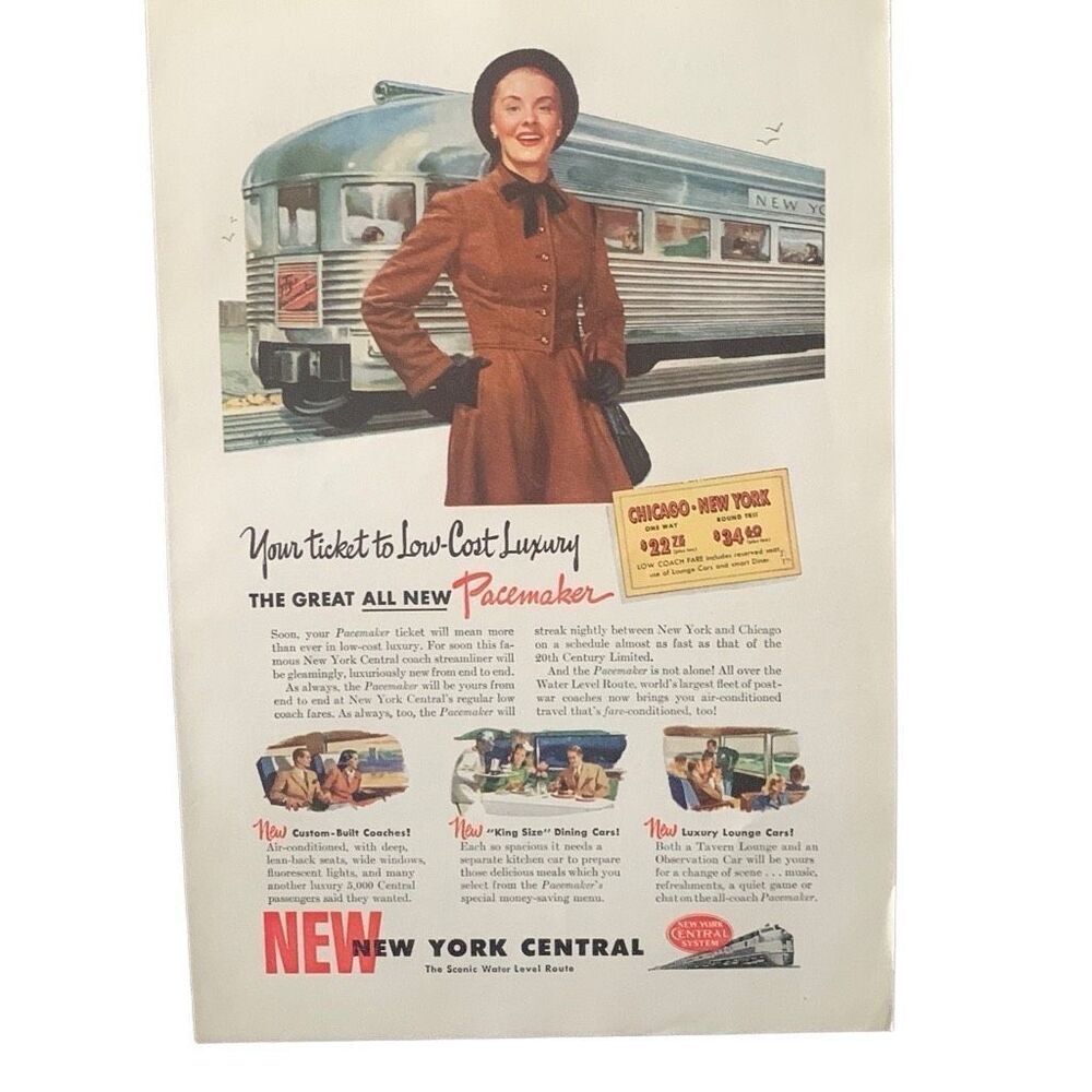 Vintage 1947 New York Central Low Cost Luxury Ad Advertisement